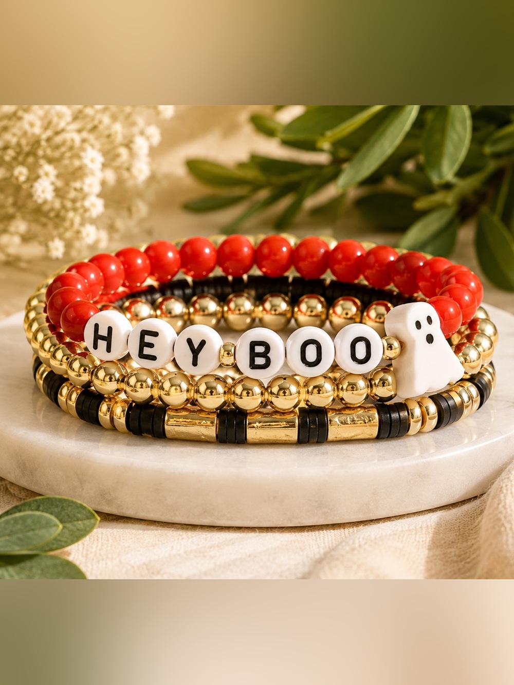 14K Gold Plated Hey Boo Custom Halloween Bracelet Stack - Set of 3
